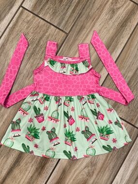 Girls Pink & Mint Cactus Tie-Back Casual Dress
